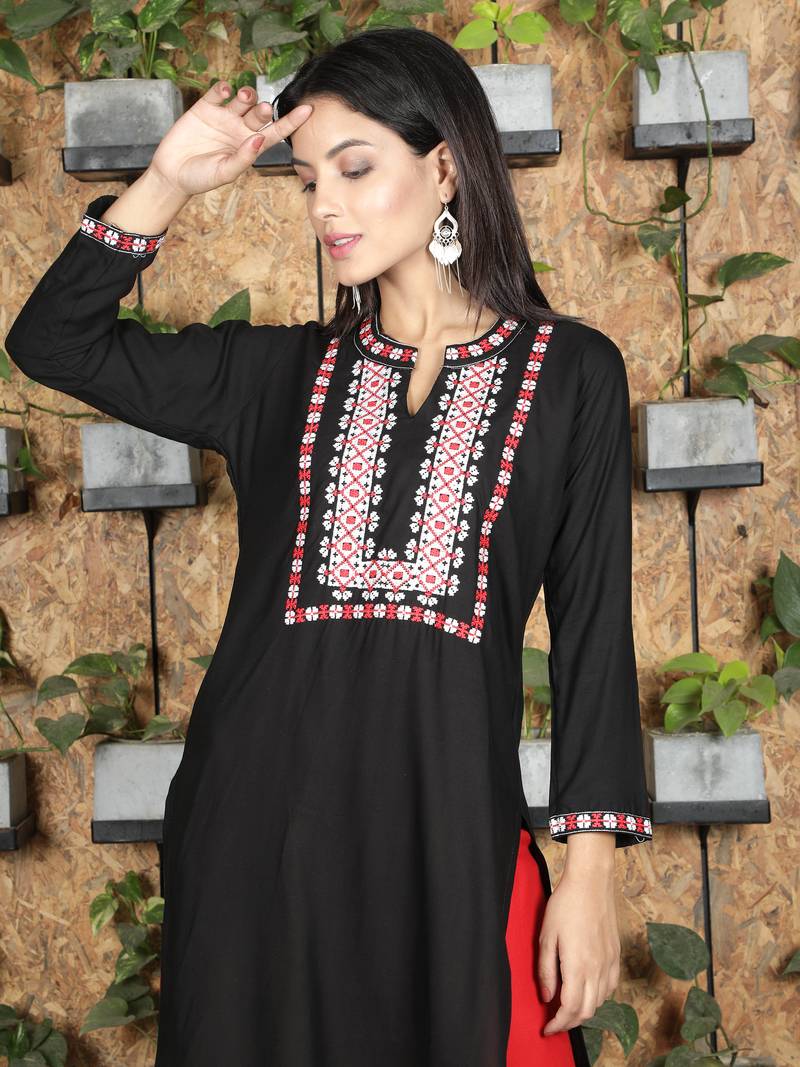 Fabclub Rayon Embroidered Straight Women Kurti (Black)