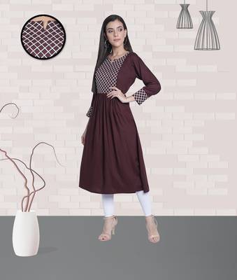 Fabclub Rayon Checks Embroidered Flared Women Kurti (Brown) 1