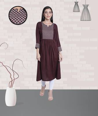 Fabclub Rayon Checks Embroidered Flared Women Kurti (Brown) 2