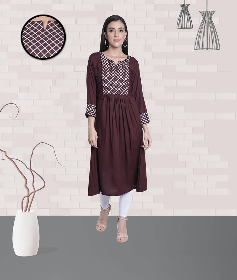 Fabclub Rayon Checks Embroidered Flared Women Kurti (Brown)
