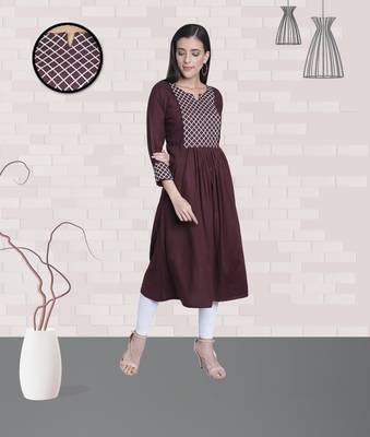 Fabclub Rayon Checks Embroidered Flared Women Kurti (Brown) 3