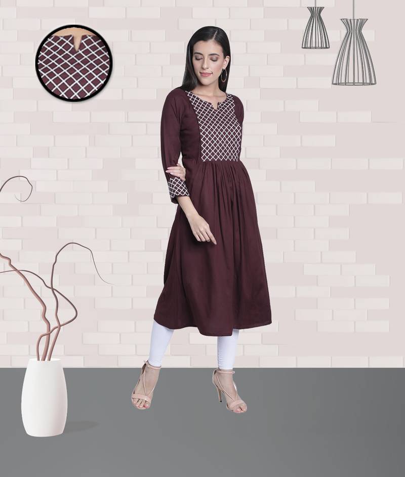 Fabclub Rayon Checks Embroidered Flared Women Kurti (Brown)