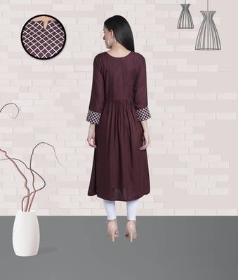 Fabclub Rayon Checks Embroidered Flared Women Kurti (Brown) 4