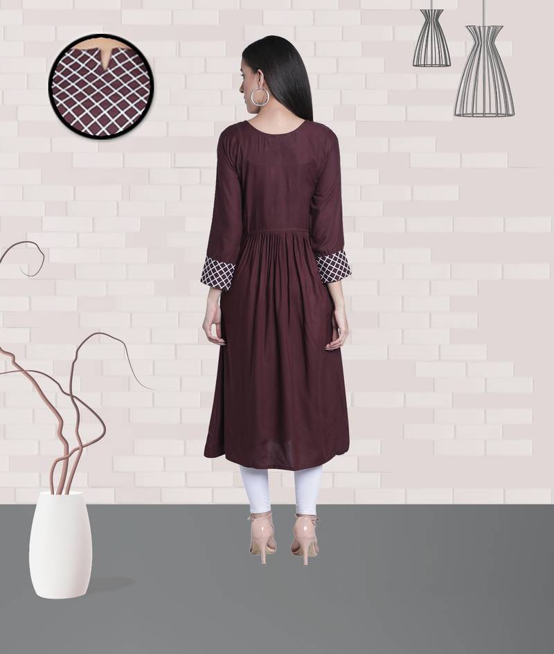 Fabclub Rayon Checks Embroidered Flared Women Kurti (Brown)