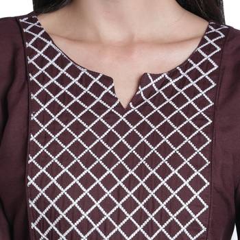Fabclub Rayon Checks Embroidered Flared Women Kurti (Brown) 5