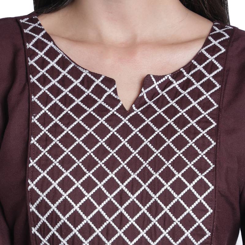 Fabclub Rayon Checks Embroidered Flared Women Kurti (Brown)