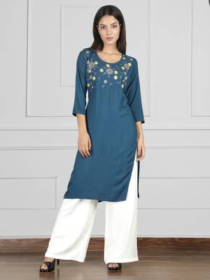Fabclub Rayon Embroidered Straight Women Kurti (Teal) 1