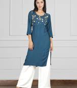 Fabclub Rayon Embroidered Straight Women Kurti (Teal)