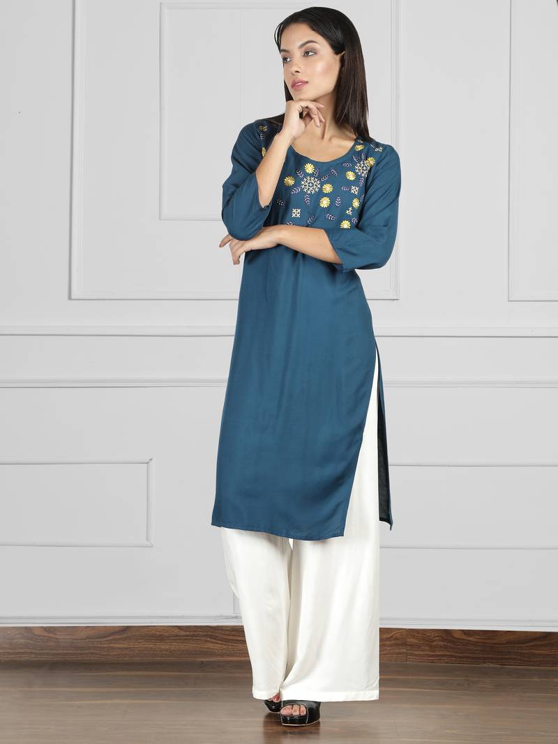 Fabclub Rayon Embroidered Straight Women Kurti (Teal)