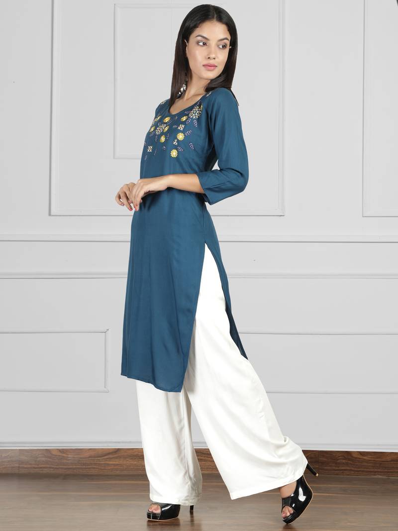 Fabclub Rayon Embroidered Straight Women Kurti (Teal)
