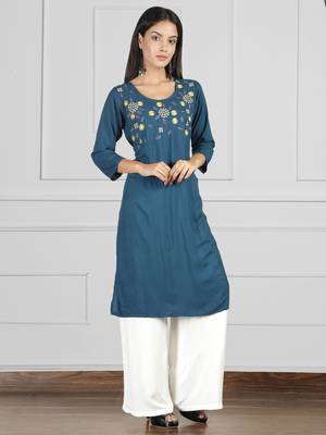 Fabclub Rayon Embroidered Straight Women Kurti (Teal) 4
