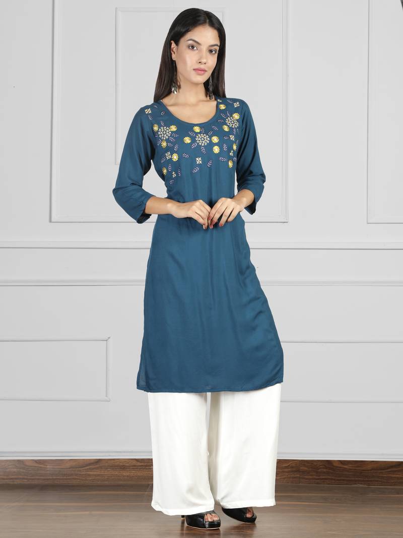 Fabclub Rayon Embroidered Straight Women Kurti (Teal)