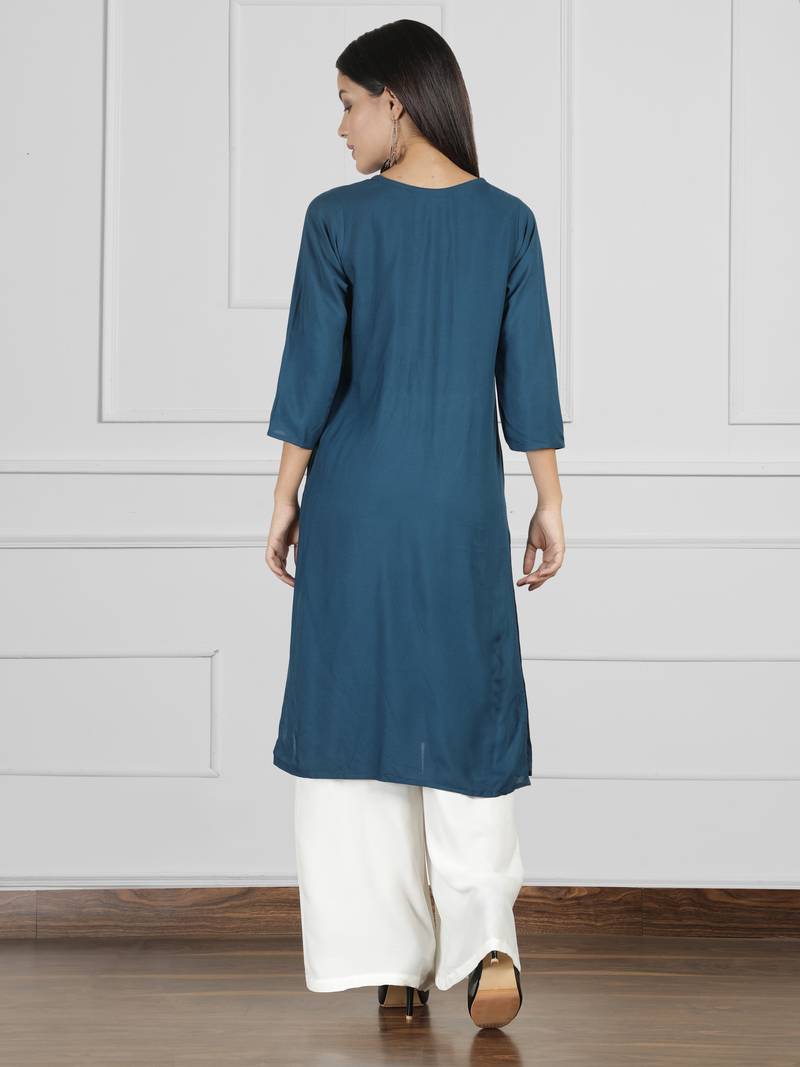 Fabclub Rayon Embroidered Straight Women Kurti (Teal)