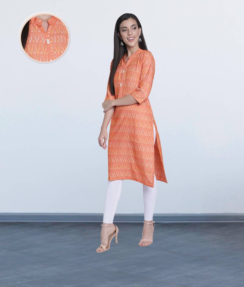 Fabclub Two Tone Rayon Printed Straight Women Kurti (Coral)