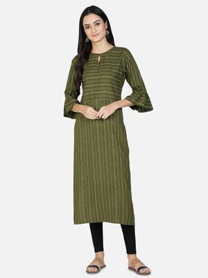 Fabclub Women Heavy Rayon A-Line Striped Kurti (Olive Green) 1