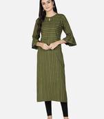Fabclub Women Heavy Rayon A-Line Striped Kurti (Olive Green)