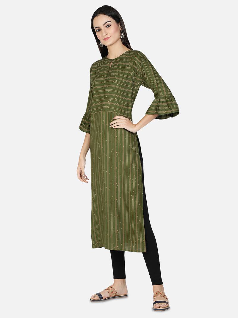 Fabclub Women Heavy Rayon A-Line Striped Kurti (Olive Green)