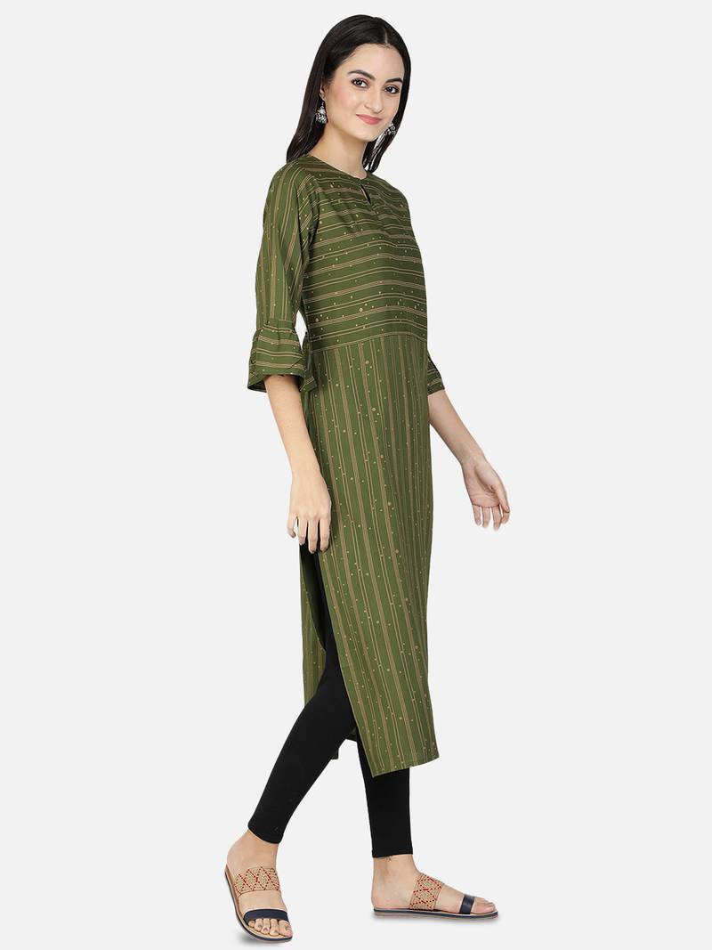 Fabclub Women Heavy Rayon A-Line Striped Kurti (Olive Green)