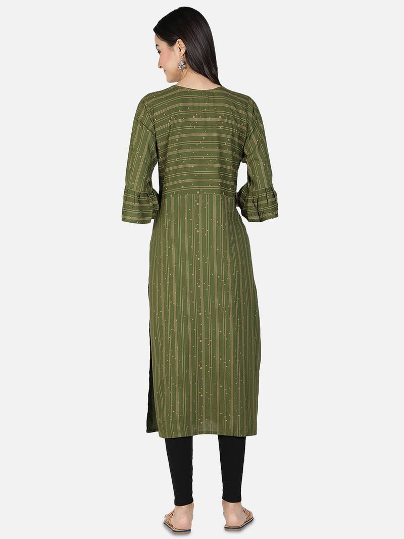 Fabclub Women Heavy Rayon A-Line Striped Kurti (Olive Green)