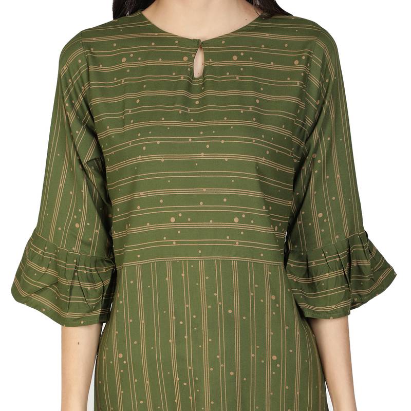 Fabclub Women Heavy Rayon A-Line Striped Kurti (Olive Green)