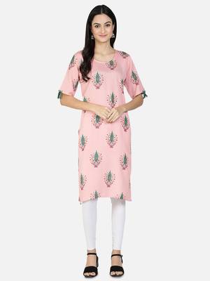 Fabclub Women Rayon Linen Block Print Stright Kurti (Light Pink) 1