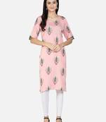 Fabclub Women Rayon Linen Block Print Stright Kurti (Light Pink)