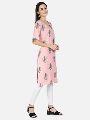 Fabclub Women Rayon Linen Block Print Stright Kurti (Light Pink) 2