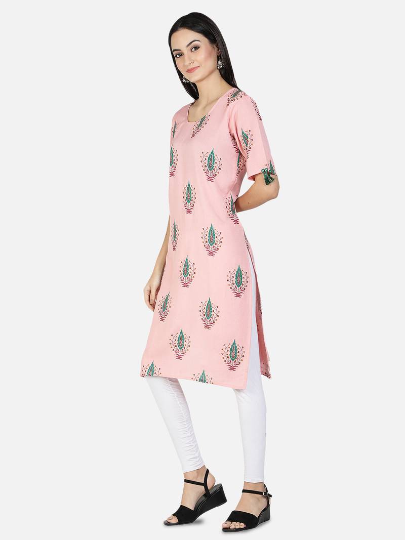 Fabclub Women Rayon Linen Block Print Stright Kurti (Light Pink)