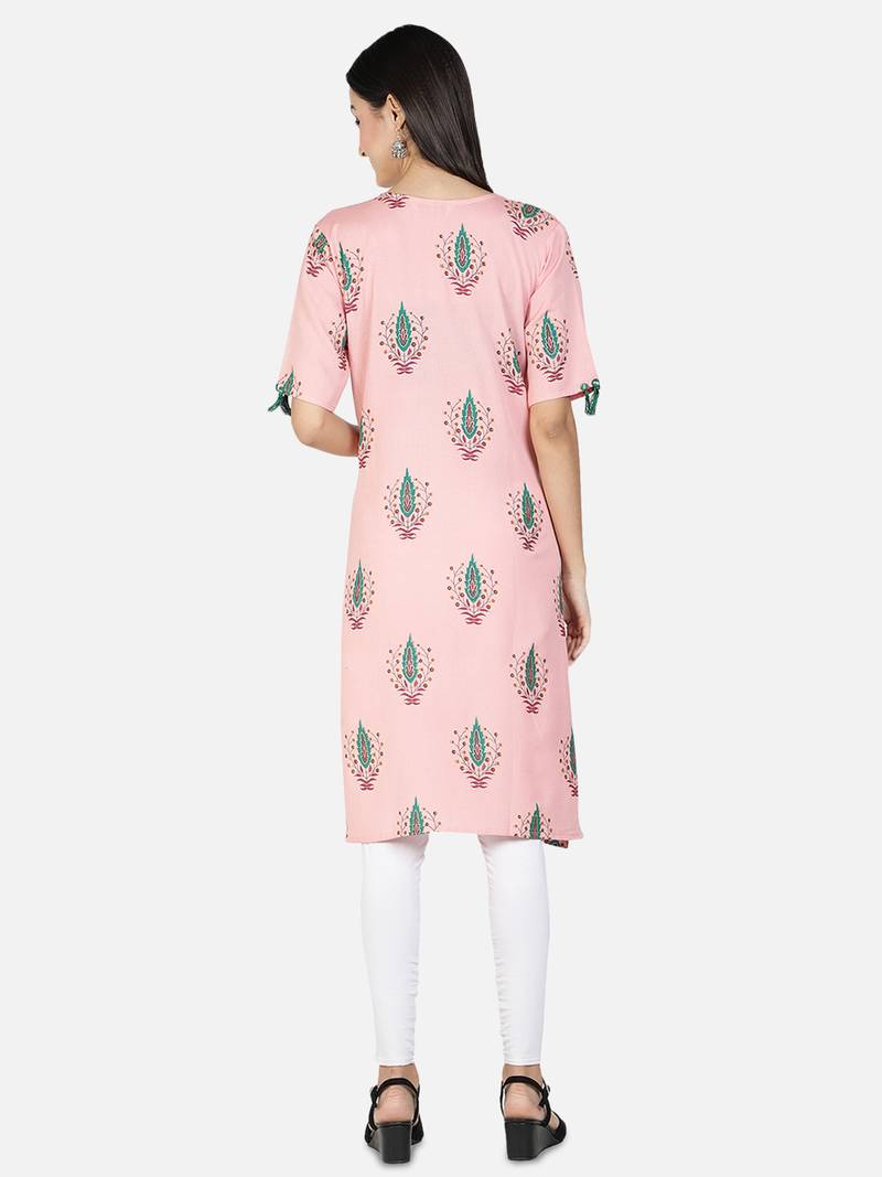 Fabclub Women Rayon Linen Block Print Stright Kurti (Light Pink)