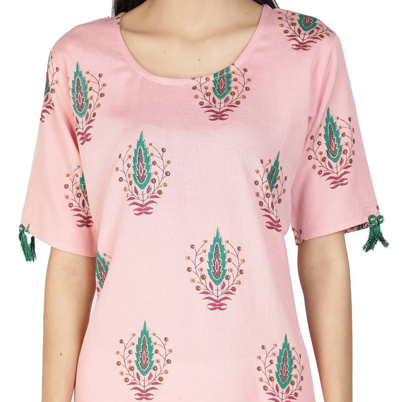Fabclub Women Rayon Linen Block Print Stright Kurti (Light Pink)