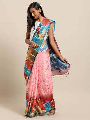 New Leaf With Figure Kalamkari Print Digital Linen Saree 1