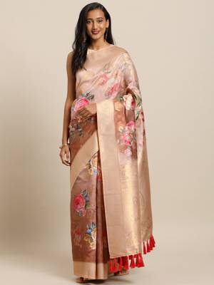 Sapnish Digital Flower Print Banarasi Gold Zari Silk Saree 1