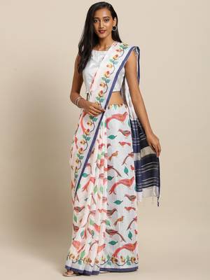 Navy Blue Sparrow Pure Linen Onam Spc Kerala Saree 1