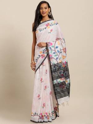 Black Flower Pure Linen Onam Spc Kerala Saree 1