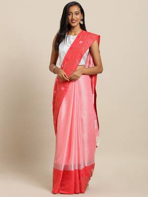Red Red  Embellished Flower 3D Desine Hevy Work Pure Linen Saree 1