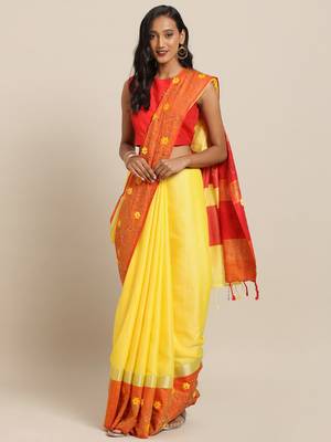 Yellow Orange Embellished Flower 3D Desine Hevy Work Pure Linen Saree 1