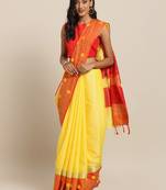 Yellow Orange Embellished Flower 3D Desine Hevy Work Pure Linen Saree