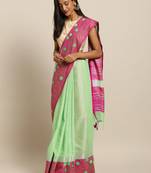 Pista Pink Embellished Flower 3D Desine Hevy Work Pure Linen Saree
