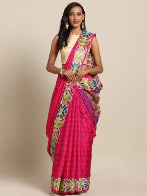 New Linen Chanderi Bandhej Print KalamKari Flower Border Print Soft Saree 1