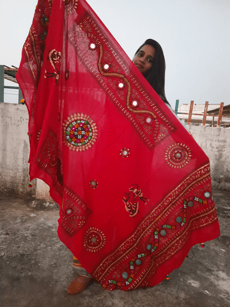 Red - Mirror Work Printed Cotton Kutch Hand Embroidery Dupatta 02