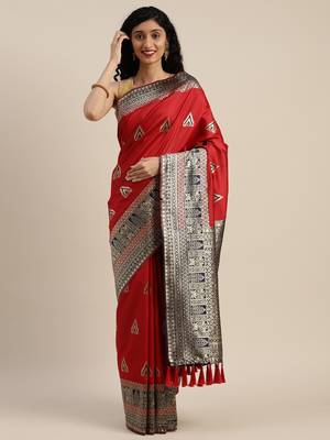 VASTRANAND Red & Navy Blue Silk Blend Woven Design Banarasi Saree 1