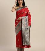 VASTRANAND Red & Navy Blue Silk Blend Woven Design Banarasi Saree