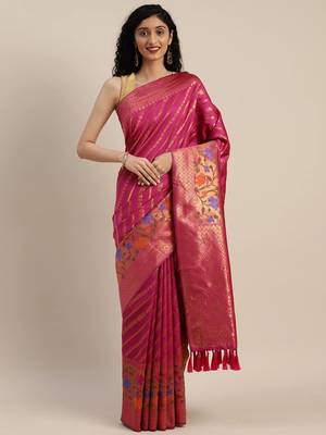 VASTRANAND Pink & Gold-Toned Silk Cotton Striped Banarasi Saree 1