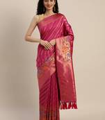 VASTRANAND Pink & Gold-Toned Silk Cotton Striped Banarasi Saree