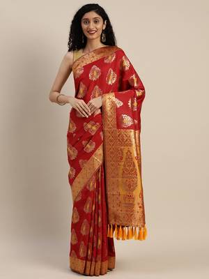 VASTRANAND Red & Gold-Toned Silk Blend Woven Design Banarasi Saree 1