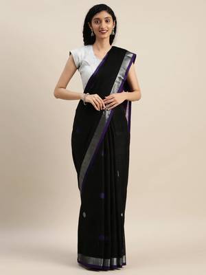 VASTRANAND Purple & Black Linen Blend Woven Design Banarasi Saree 1