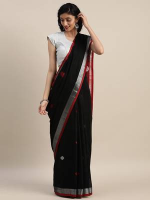VASTRANAND Black & Red Linen Blend Woven Design Saree 1