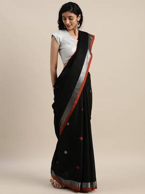 VASTRANAND Black & Orange Linen Blend Woven Design Saree 1