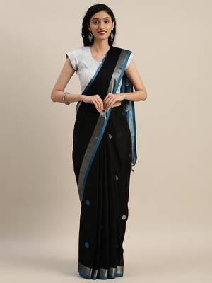 VASTRANAND Black & Blue Linen Blend Woven Design Saree 1