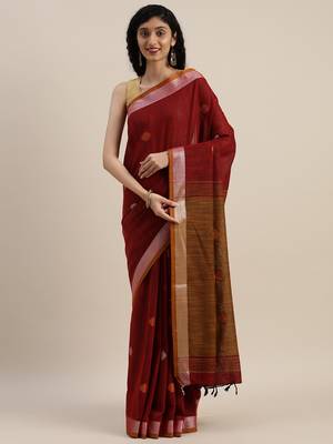 VASTRANAND Maroon & Orange Linen Blend Woven Design Banarasi Saree 1